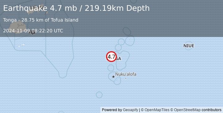 Earthquake 103 km W of Pangai, Tonga (4.7 mb) (2024-11-09 08:22:20 UTC)