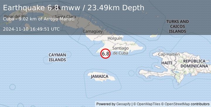 Earthquake 39 km S of Bartolomé Masó, Cuba (6.8 mww) (2024-11-10 16:49:51 UTC)