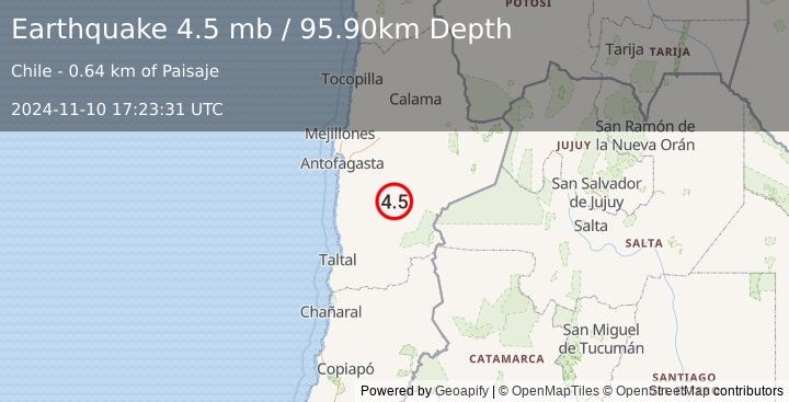 Earthquake 131 km SE of Antofagasta, Chile (4.5 mb) (2024-11-10 17:23:31 UTC)