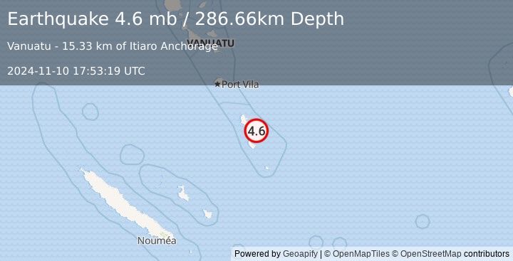 Earthquake 54 km NNE of Isangel, Vanuatu (4.6 mb) (2024-11-10 17:53:19 UTC)