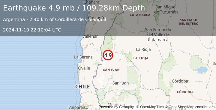 Earthquake 84 km NW of San José de Jáchal, Argentina (4.9 mb) (2024-11-10 22:10:04 UTC)