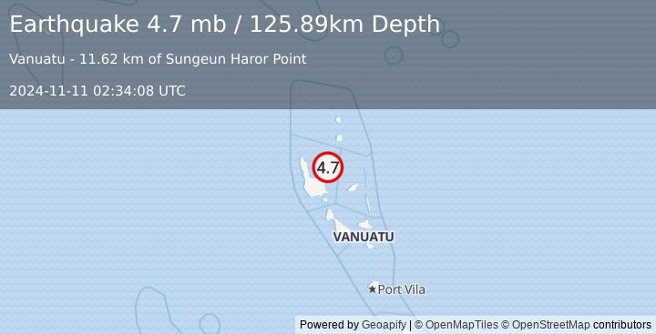 Earthquake 23 km NE of Port-Olry, Vanuatu (4.7 mb) (2024-11-11 02:34:08 UTC)