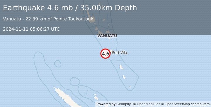 Earthquake 36 km WSW of Port-Vila, Vanuatu (4.6 mb) (2024-11-11 05:06:27 UTC)