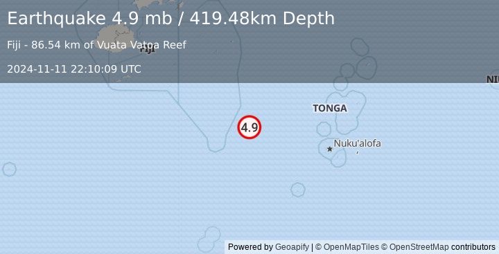 Earthquake 265 km WNW of Houma, Tonga (4.9 mb) (2024-11-11 22:10:09 UTC)