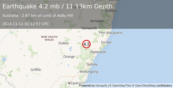 Earthquake 7 km N of Denman, Australia (4.2 mb) (2024-11-12 01:12:57 UTC)