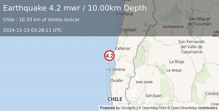 Earthquake 105 km WSW of Vallenar, Chile (4.2 mwr) (2024-11-13 03:28:11 UTC)