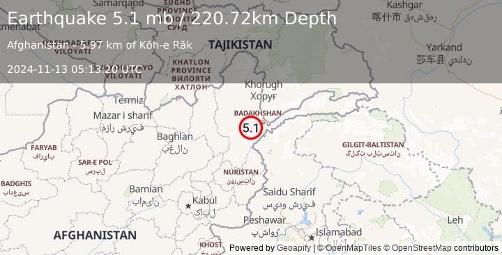 Earthquake 37 km WSW of Ashkāsham, Afghanistan (5.1 mb) (2024-11-13 05:13:20 UTC)