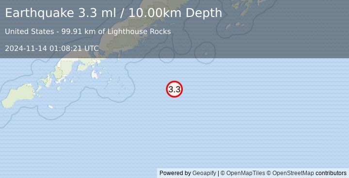 Earthquake 173 km SE of Perryville, Alaska (3.3 ml) (2024-11-14 01:08:21 UTC)