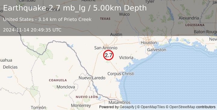 Earthquake 17 km E of Pleasanton, Texas (2.7 mb_lg) (2024-11-14 20:49:35 UTC)