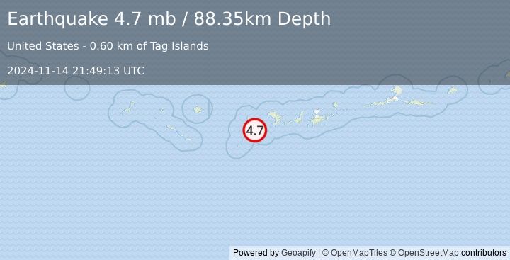 Earthquake 138 km WSW of Adak, Alaska (4.7 mb) (2024-11-14 21:49:13 UTC)