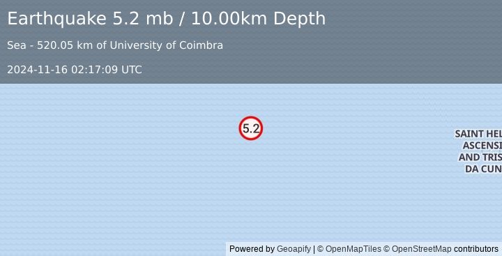 Earthquake southern Mid-Atlantic Ridge (5.2 mb) (2024-11-16 02:17:09 UTC)