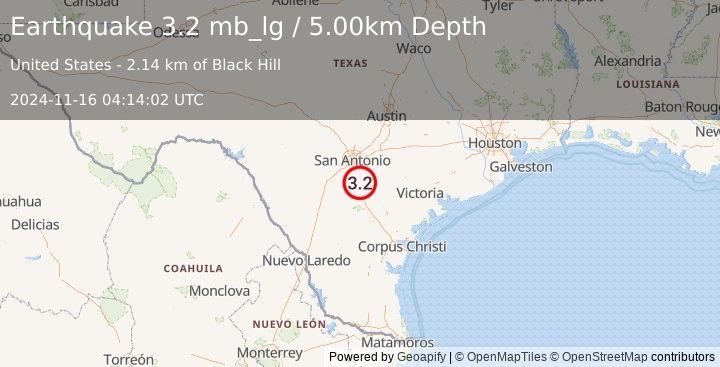 Earthquake 14 km E of Pleasanton, Texas (3.2 mb_lg) (2024-11-16 04:14:02 UTC)