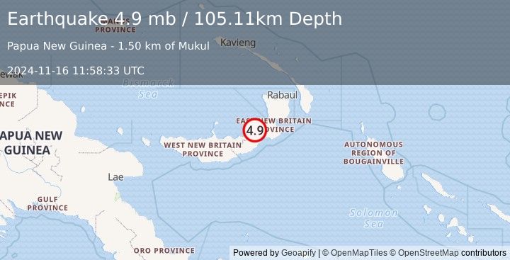 Earthquake 134 km ENE of Kimbe, Papua New Guinea (4.9 mb) (2024-11-16 11:58:33 UTC)