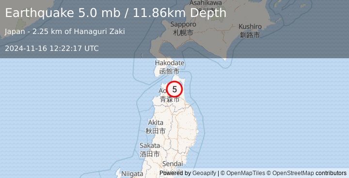 Earthquake 10 km N of Hiranai, Japan (5.0 mb) (2024-11-16 12:22:17 UTC)