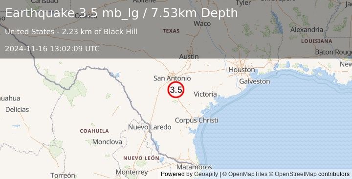 Earthquake 15 km E of Pleasanton, Texas (3.5 mb_lg) (2024-11-16 13:02:09 UTC)