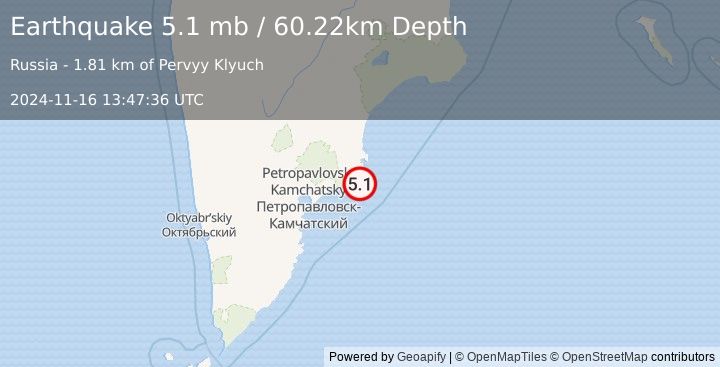 Earthquake 78 km ENE of Petropavlovsk-Kamchatsky, Russia (5.1 mb) (2024-11-16 13:47:36 UTC)