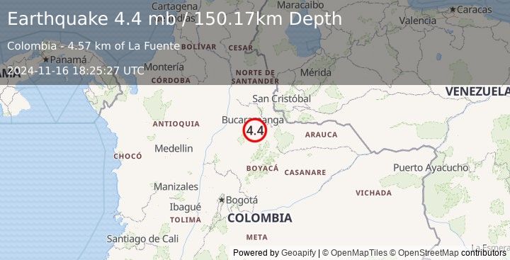 Earthquake 9 km NNE of Jordán, Colombia (4.4 mb) (2024-11-16 18:25:27 UTC)