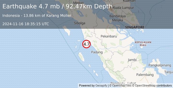 Earthquake 91 km WNW of Pariaman, Indonesia (4.7 mb) (2024-11-16 18:35:15 UTC)