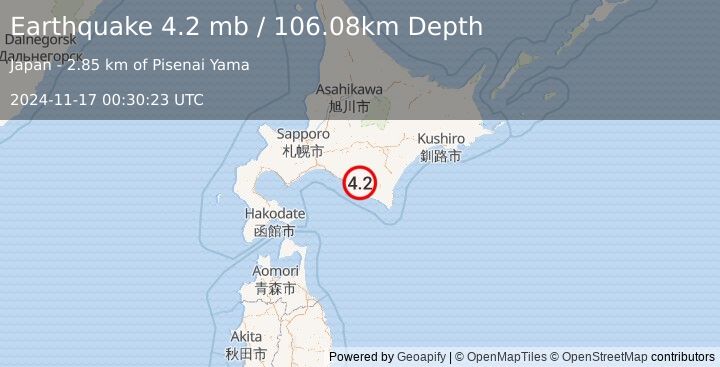 Earthquake 20 km ENE of Shizunai-furukawachō, Japan (4.2 mb) (2024-11-17 00:30:23 UTC)