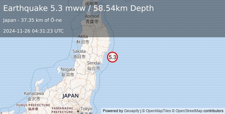 Earthquake 55 km SE of Ōfunato, Japan (5.3 mww) (2024-11-26 04:31:23 UTC)