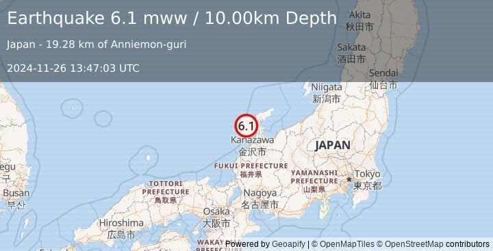 Earthquake 35 km NW of Hakui, Japan (6.1 mww) (2024-11-26 13:47:03 UTC)