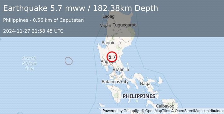 Earthquake 1 km N of Marawa, Philippines (5.7 mww) (2024-11-27 21:58:45 UTC)