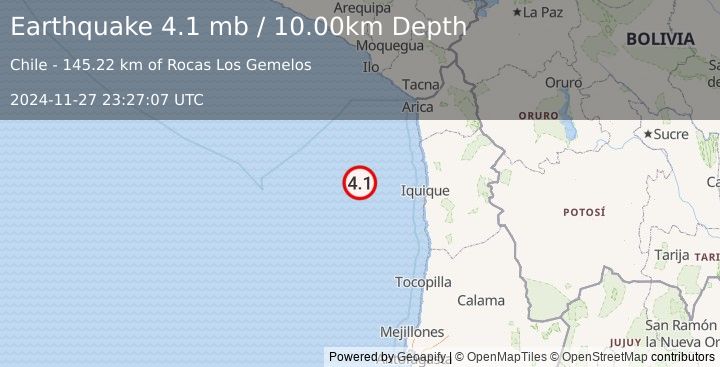 Earthquake 150 km W of Puerto, Chile (4.1 mb) (2024-11-27 23:27:07 UTC)