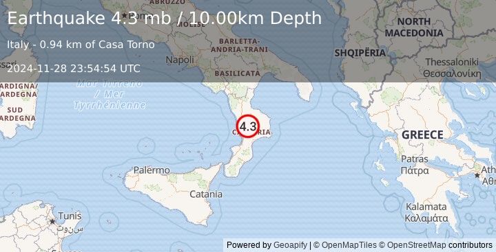 Earthquake 5 km NNE of Parenti, Italy (4.3 mb) (2024-11-28 23:54:54 UTC)