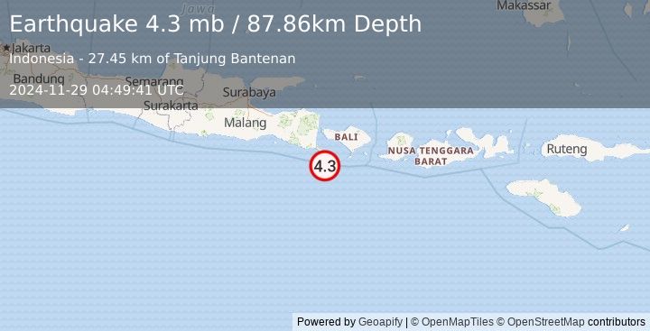 Earthquake 68 km WSW of Jimbaran, Indonesia (4.3 mb) (2024-11-29 04:49:41 UTC)