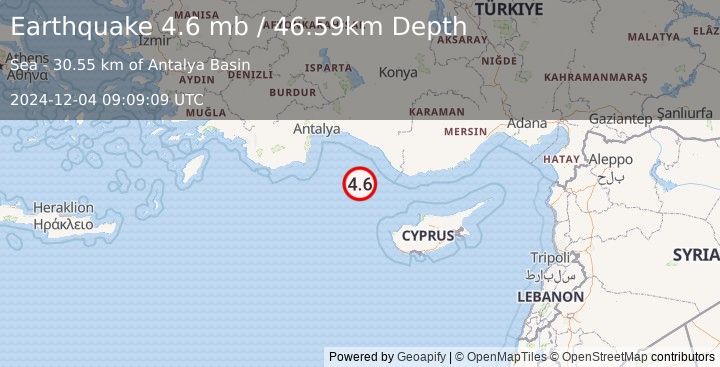 Earthquake 71 km SW of Gazipaşa, Turkey (4.6 mb) (2024-12-04 09:09:09 UTC)