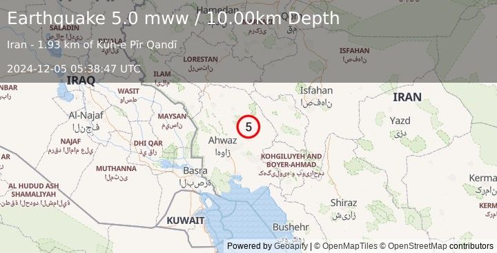 Earthquake 21 km ESE of Masjed Soleymān, Iran (5.0 mww) (2024-12-05 05:38:47 UTC)