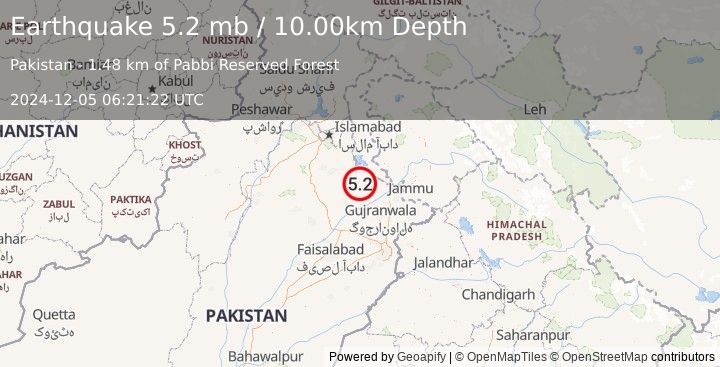 Earthquake 7 km W of Mehmand Chak, Pakistan (5.2 mb) (2024-12-05 06:21:22 UTC)