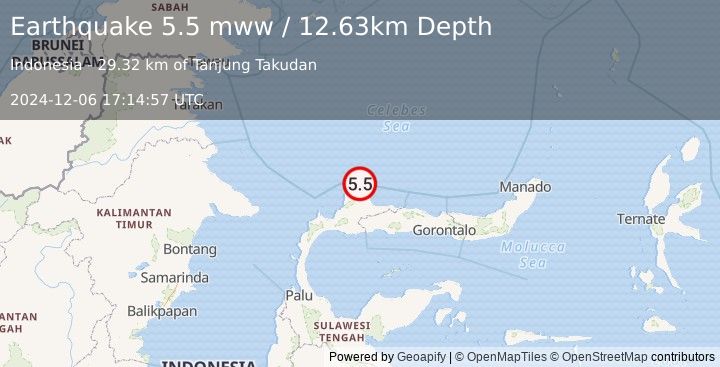 Earthquake 234 km WNW of Gorontalo, Indonesia (5.5 mww) (2024-12-06 17:14:57 UTC)