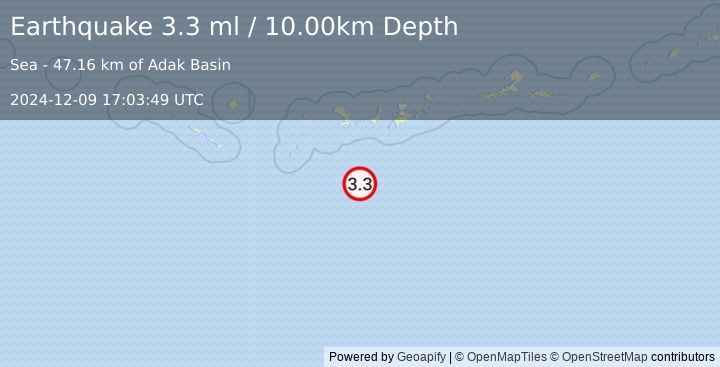 Earthquake 130 km SSW of Adak, Alaska (3.3 ml) (2024-12-09 17:03:49 UTC)