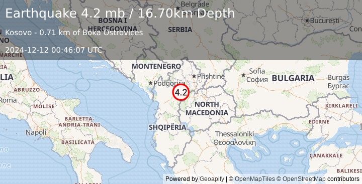 Earthquake 13 km WSW of Prizren, Kosovo (4.2 mb) (2024-12-12 00:46:07 UTC)