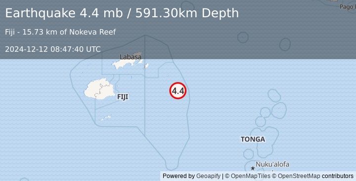 Earthquake 229 km E of Levuka, Fiji (4.4 mb) (2024-12-12 08:47:40 UTC)