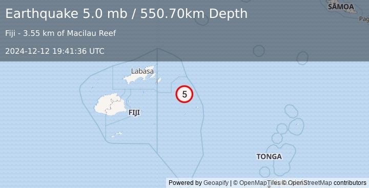 Earthquake 210 km ENE of Levuka, Fiji (5.0 mb) (2024-12-12 19:41:36 UTC)