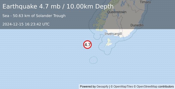 Earthquake 172 km WSW of Riverton, New Zealand (4.7 mb) (2024-12-15 16:23:42 UTC)