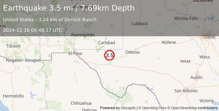 Earthquake 40 km NNW of Toyah, Texas (3.5 ml) (2024-12-16 06:48:17 UTC)