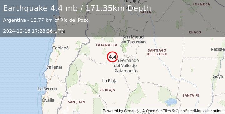 Earthquake 51 km ESE of Londres, Argentina (4.4 mb) (2024-12-16 17:28:36 UTC)