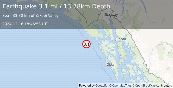 Earthquake 73 km WSW of Elfin Cove, Alaska (3.1 ml) (2024-12-16 18:46:58 UTC)