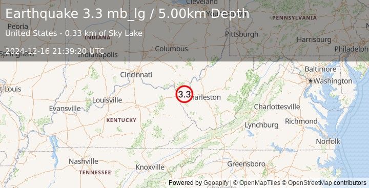 Earthquake 3 km NNE of Chesapeake, Ohio (3.3 mb_lg) (2024-12-16 21:39:20 UTC)