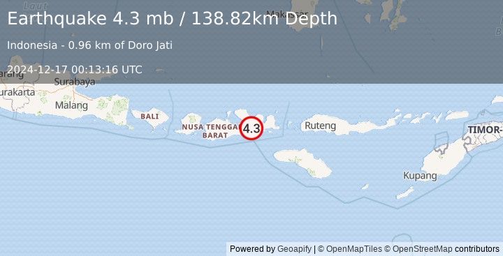 Earthquake 25 km SW of Dompu, Indonesia (4.3 mb) (2024-12-17 00:13:16 UTC)