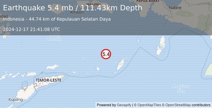 Earthquake 296 km WSW of Tual, Indonesia (5.4 mb) (2024-12-17 21:41:08 UTC)