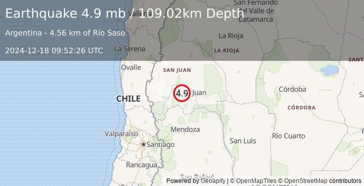 Earthquake 23 km W of Villa Basilio Nievas, Argentina (4.9 mb) (2024-12-18 09:52:26 UTC)