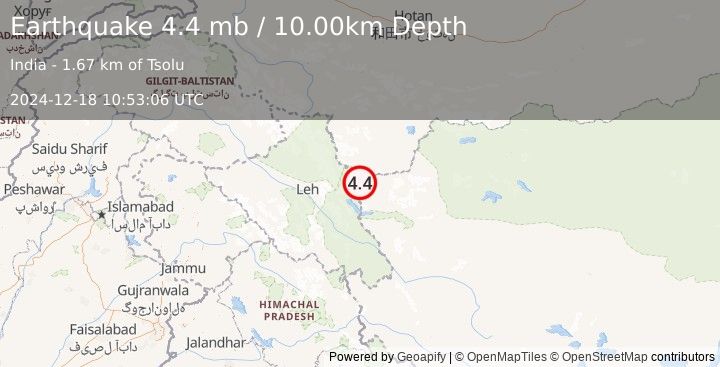 Earthquake 107 km E of Leh, India (4.4 mb) (2024-12-18 10:53:06 UTC)