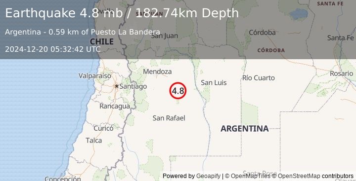 Earthquake 76 km SE of San Martín, Argentina (4.8 mb) (2024-12-20 05:32:42 UTC)