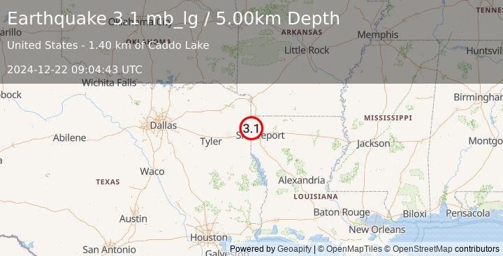 Earthquake 5 km WNW of Mooringsport, Louisiana (3.1 mb_lg) (2024-12-22 09:04:43 UTC)