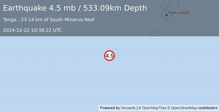 Earthquake south of the Fiji Islands (4.5 mb) (2024-12-22 10:38:22 UTC)