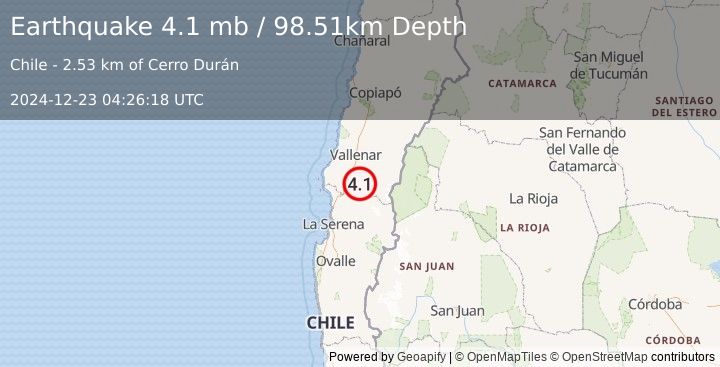 Earthquake 62 km S of Vallenar, Chile (4.1 mb) (2024-12-23 04:26:18 UTC)